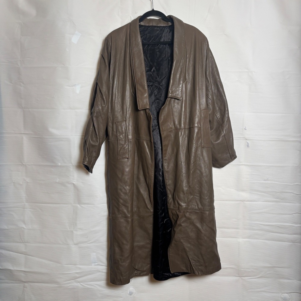 Vintage Leather Coat Women XL Brown Longline Trench Aesthetic